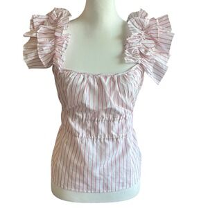 Harshman Top NWT Medium Pink &‎ White Alize Cotton Linen Blend Ruffle  Sleeve